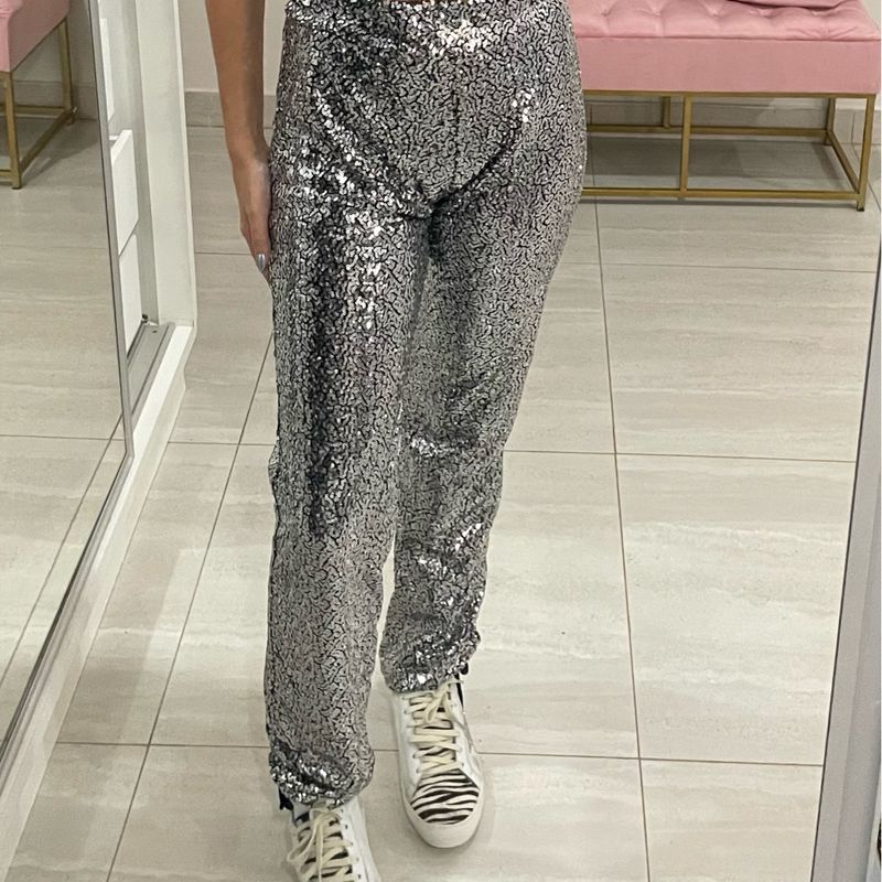 Calça Paetê Prata P Usado 104115826 enjoei