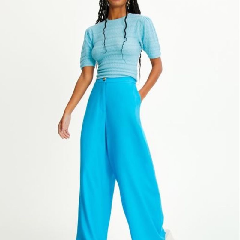 Calça Pantalona em Linho com Bolsos e Botão No Cós Renner Blue