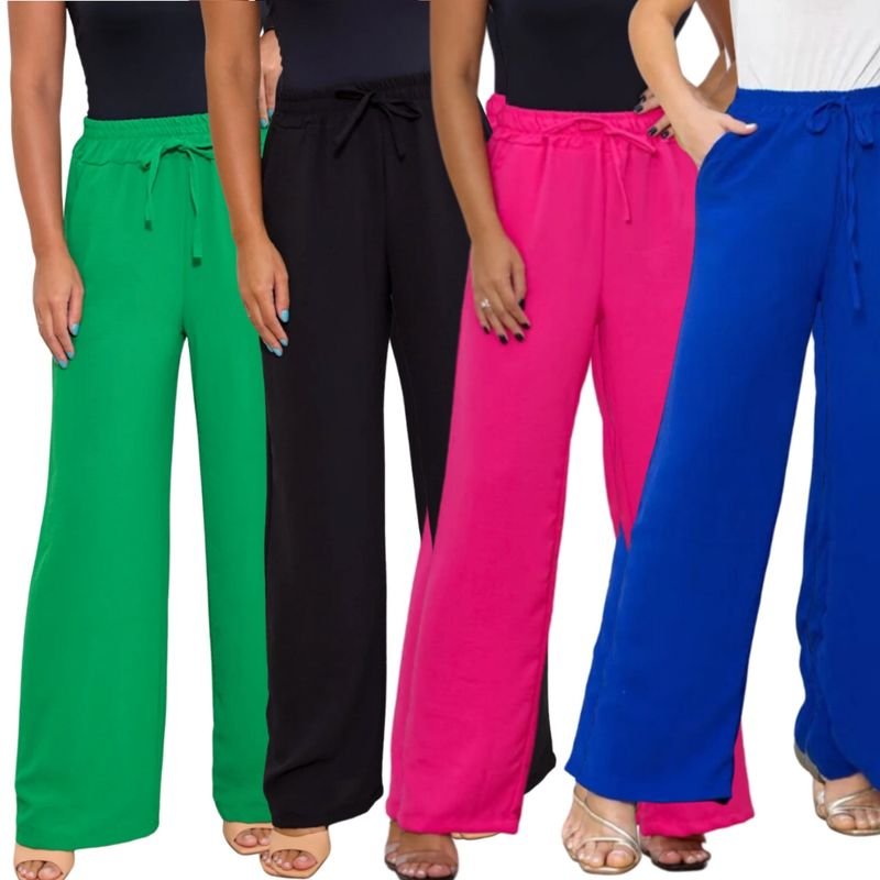 Calça Pantalona Feminina Elástico Na Cintura Com Bolso Cintura