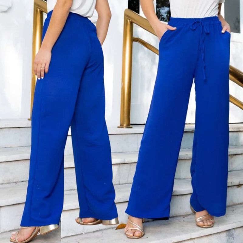 Calça Pantalona Feminina Elástico Na Cintura Com Bolso Cintura