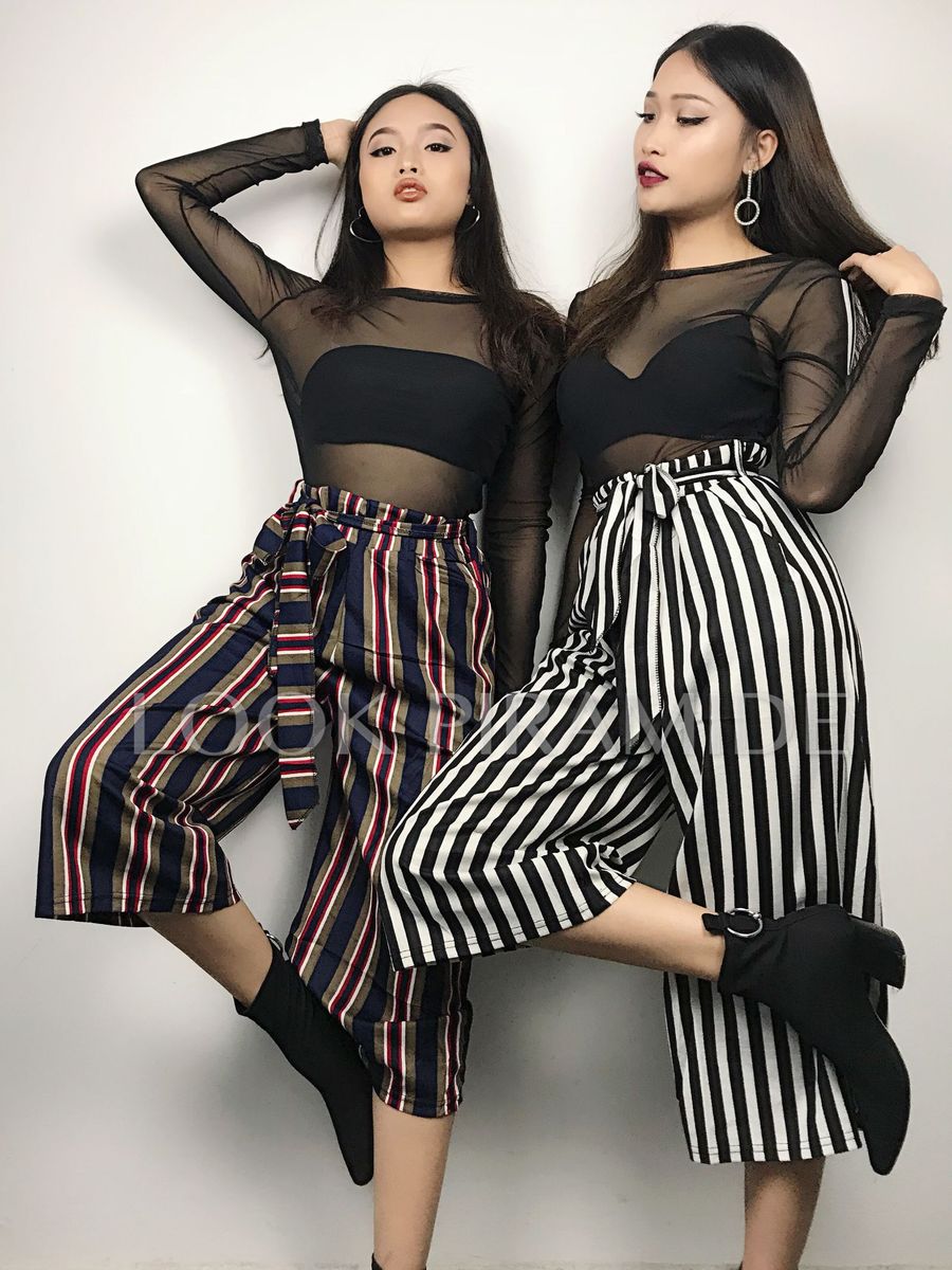 calça pantalona listrada