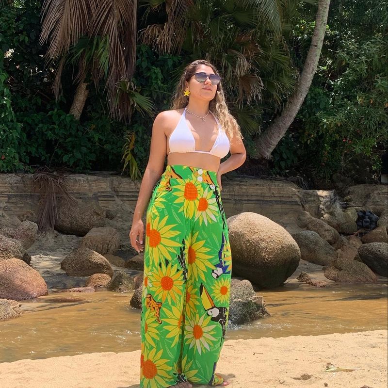 Calça Pantalona Summer Estampada Verão Moda Praia Floral Verde