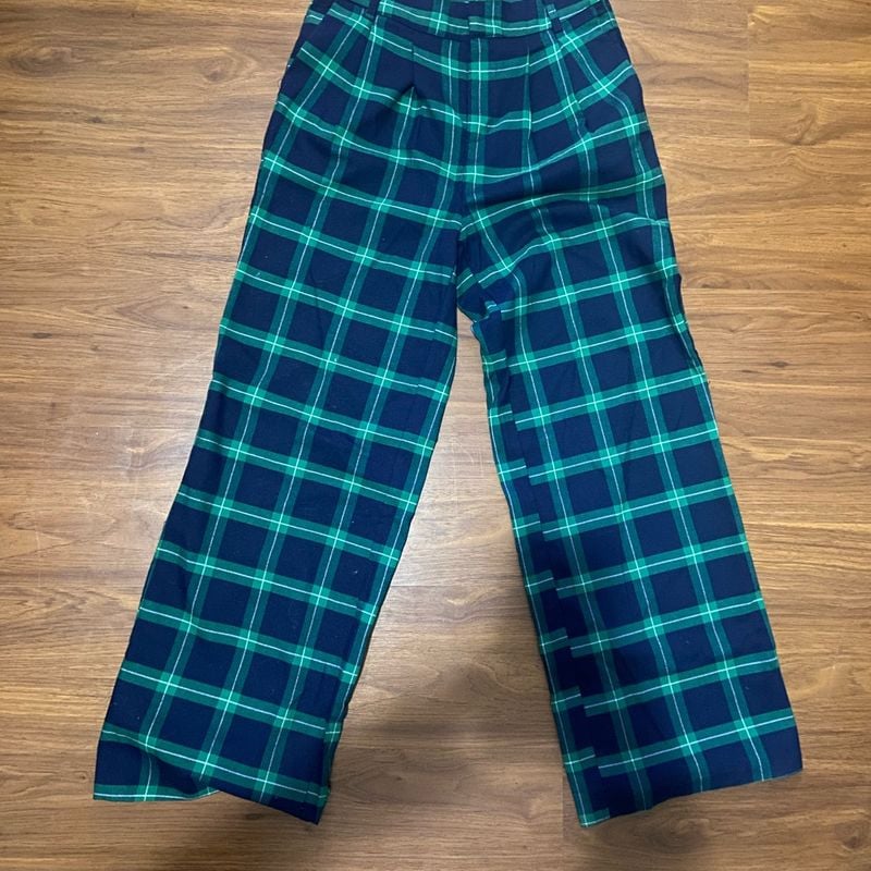 Calça Wide Leg Alfaiataria Xadrez com Pregas Azul e Verde Renner