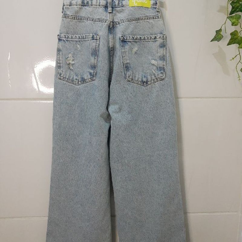 Calça Wide Leg Jeans com Puidos e Rasgos Azul - Lojas Renner