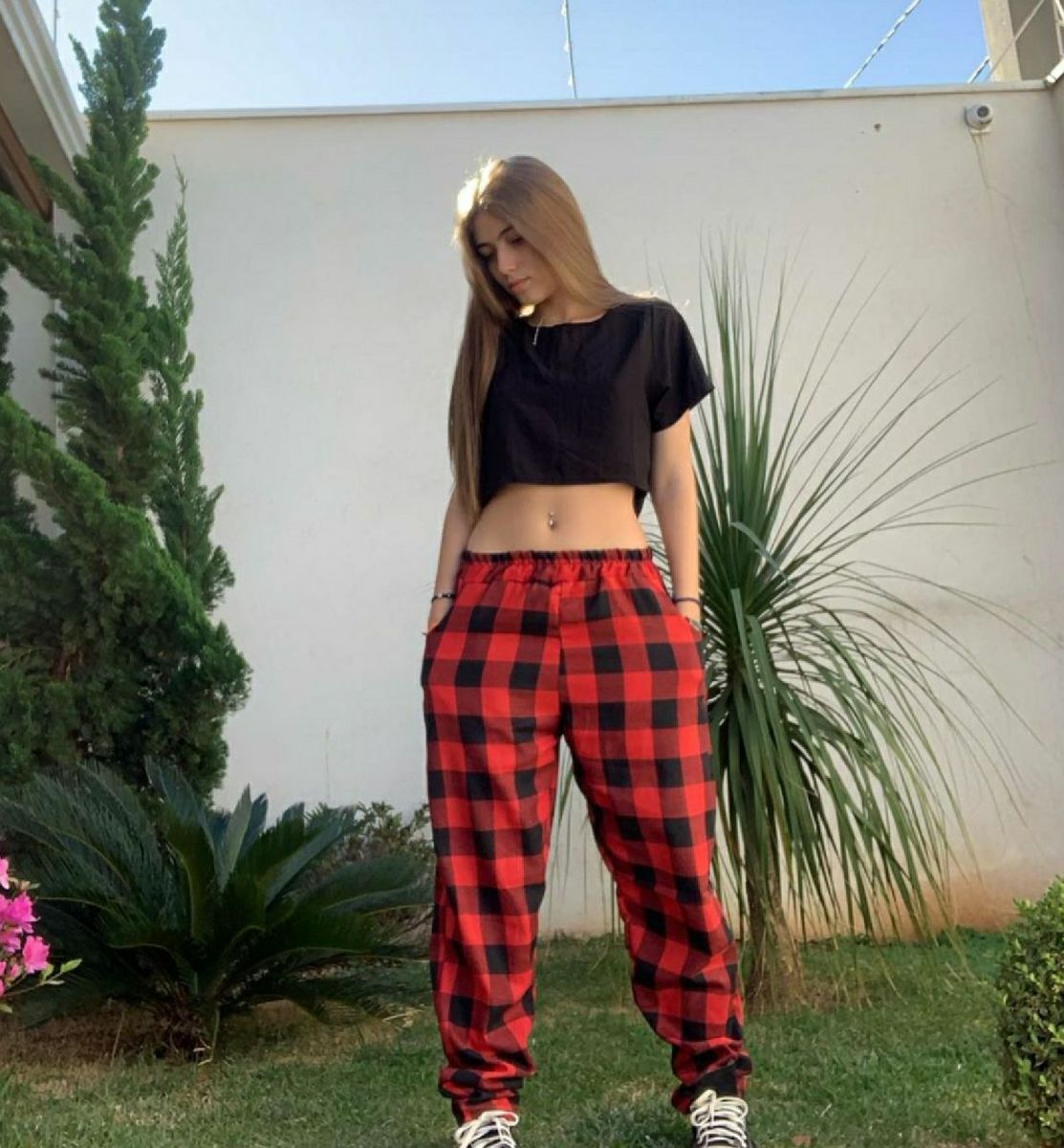 Calça Xadrez Vermelha com Preto Calça Feminina Mfycloset Nunca