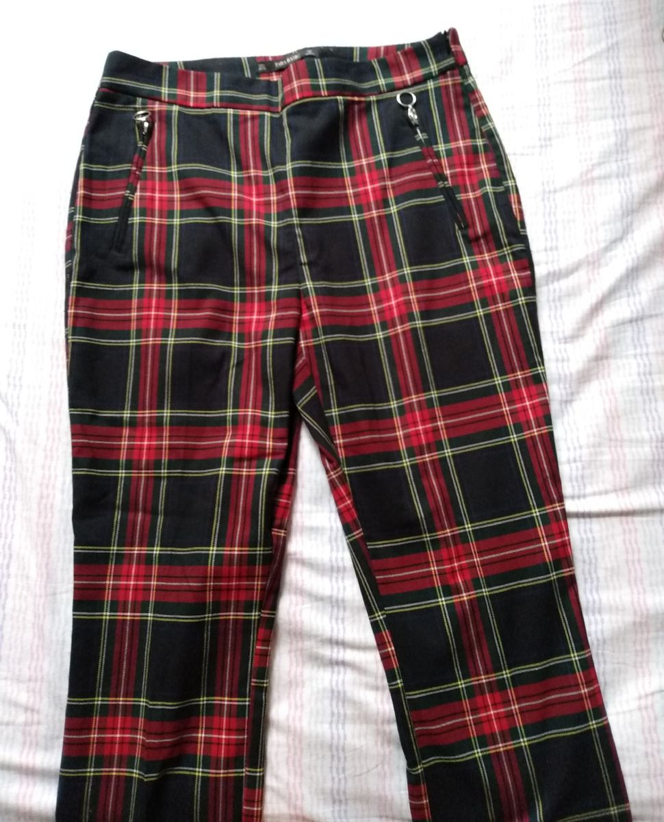 calça xadrez vermelha zara
