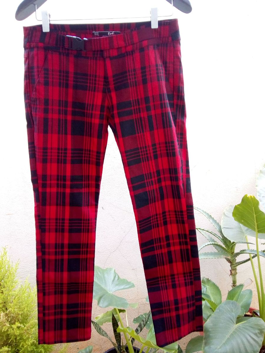 calça xadrez vermelha zara