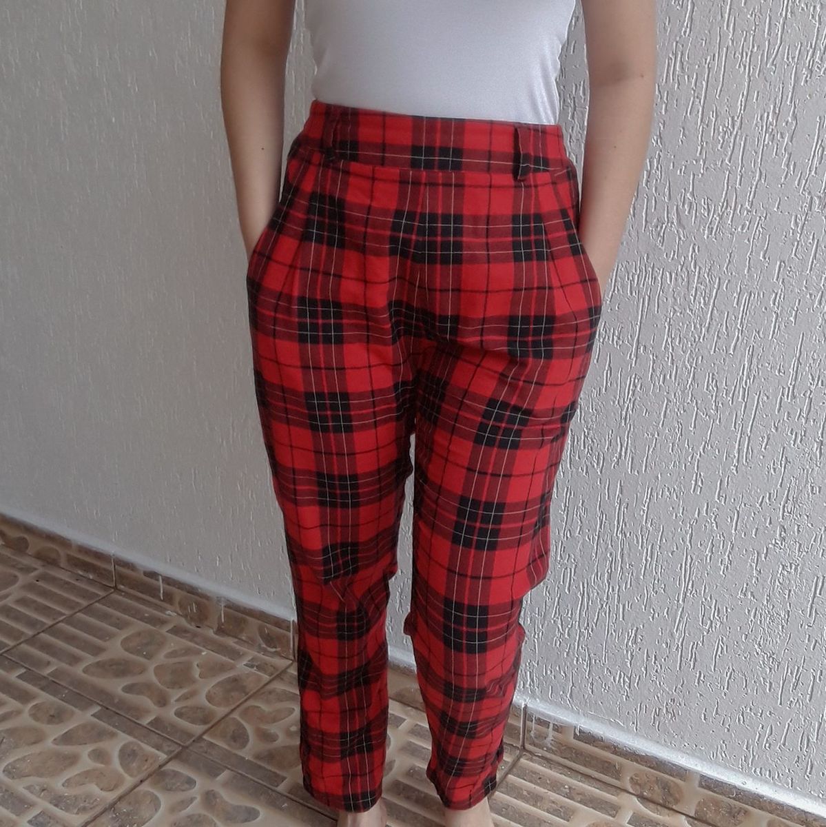 calça xadrez feminina vermelha