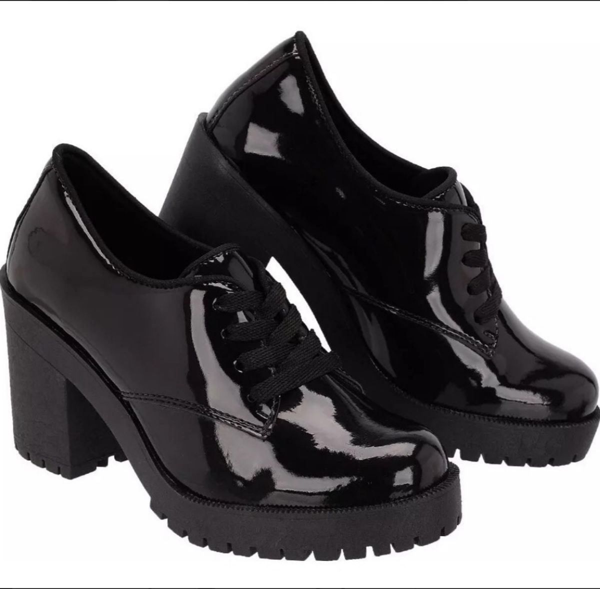 sapato feminino oxford salto tratorado preto verniz