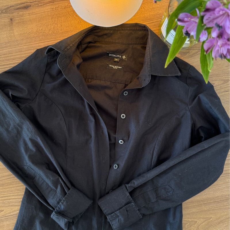 Camisa Dudalina Cetim Algodao Egipcio Easy Iron Feminina Preta