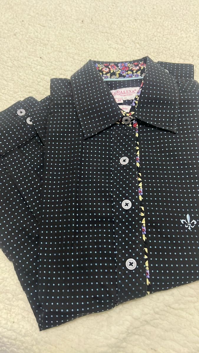Camisa Dudalina Poa,preta com Bolinhas Azuis, Tam 38 | Blusa