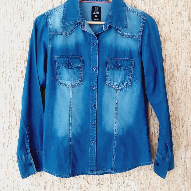 Marisa Camisete Feminino Jeans Camisa Feminina Jeans Bolsos Manga