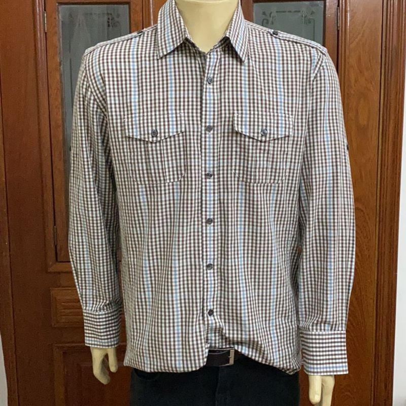 Camisa de flanela xadrez masculina, manga comprida, bolso duplo