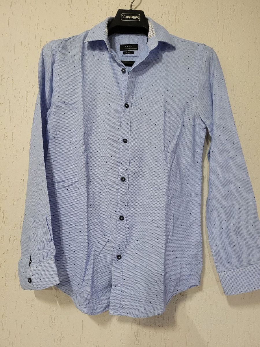 Camisa Zara Man Basic Quadriculada Azul Masculina Original - GOG15