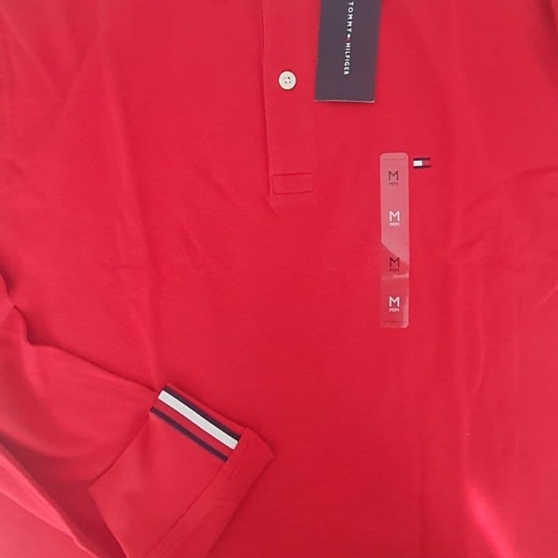 Tommy Hilfiger Camisa polo masculina de manga curta em caimento justo,  Vermelho maçã, XP