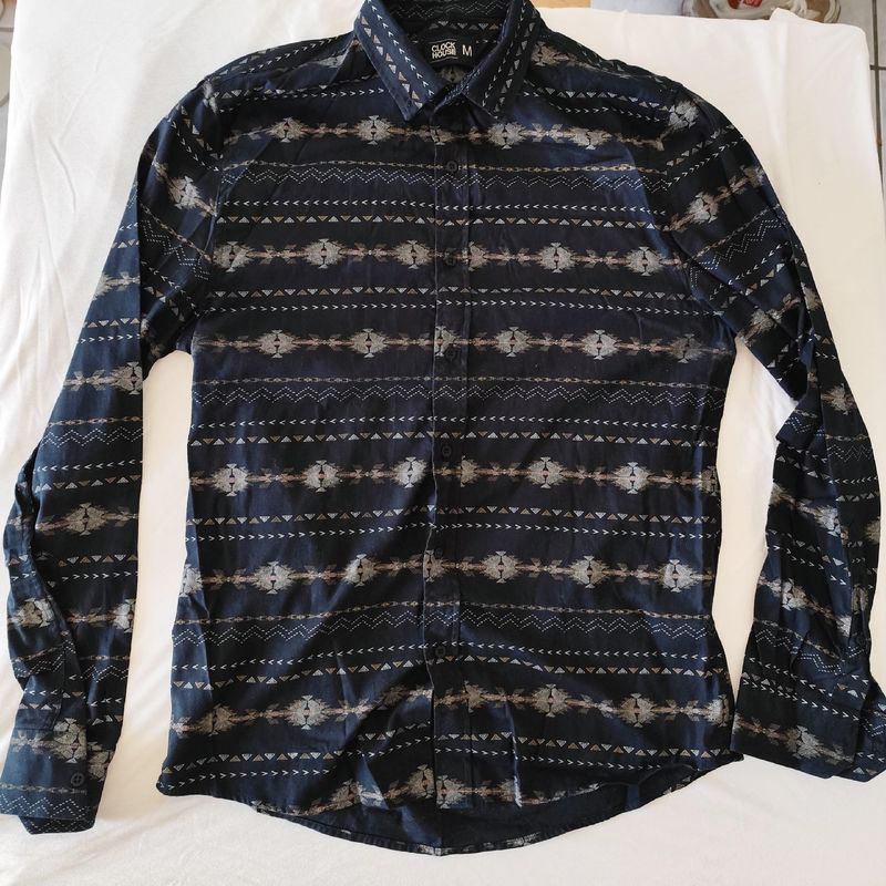 Camisa Preta Manga Longa Estampada | Clock House Usado 105434319