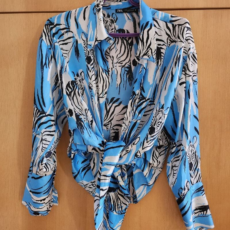 Camisa Seda Azul Turquesa Zara Blusa Feminina Zara Nunca Usado 94458300  enjoei