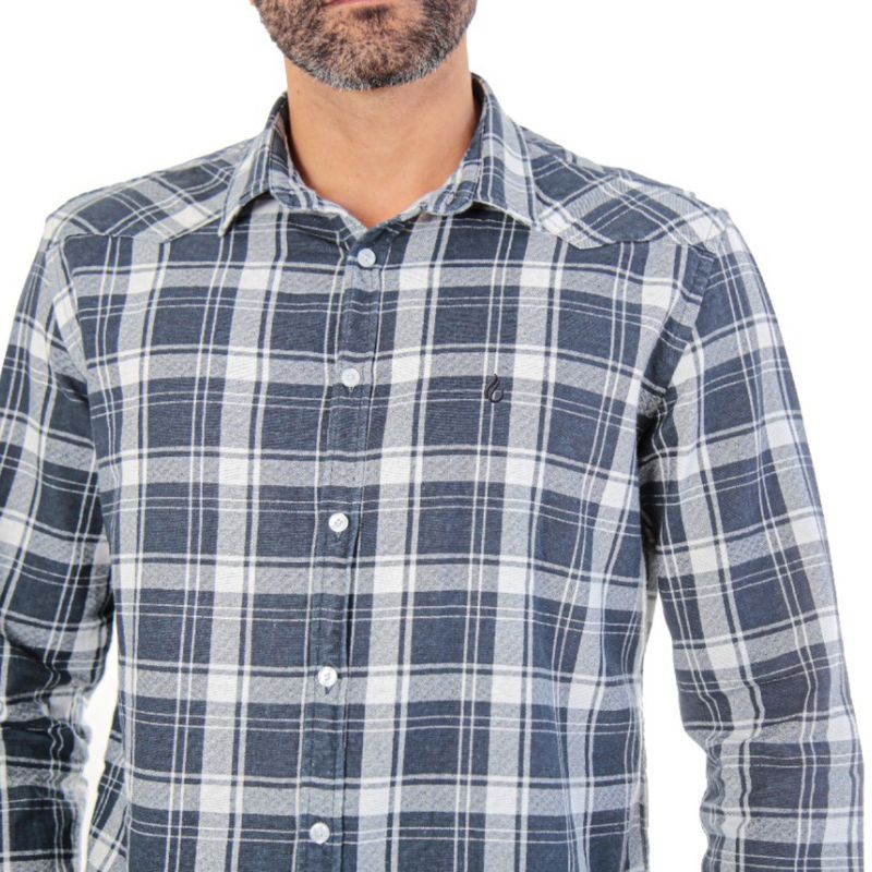 Camisa Slim Fit Xadrez Azul Petróleo