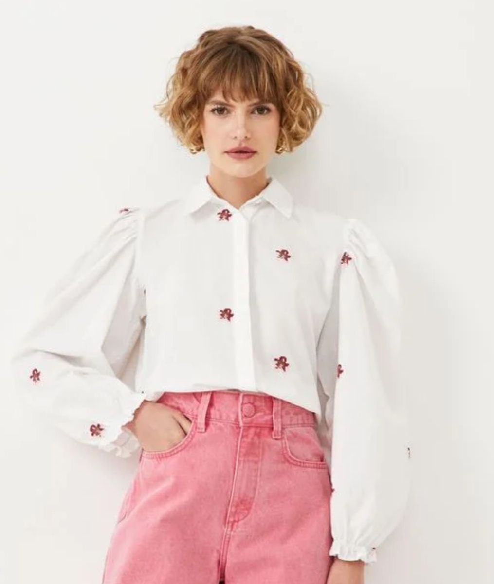 Camisa Social Branca com Bordado Floral Renner Renner Usado