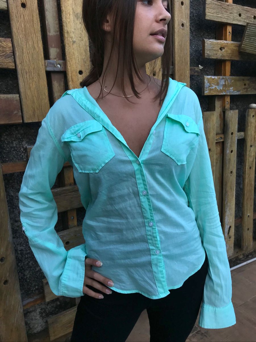 camisa social verde agua feminina