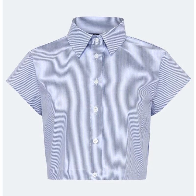Camisa Social Pinterest Cropped Manga Curta Babylook Listrada Azul