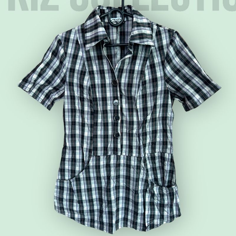 Camisa Xadrez Longa Botões Estilo Chemise Lilás Preta com Bolsos Ref.: V35, Camisa Feminina Swany Usado 88636151