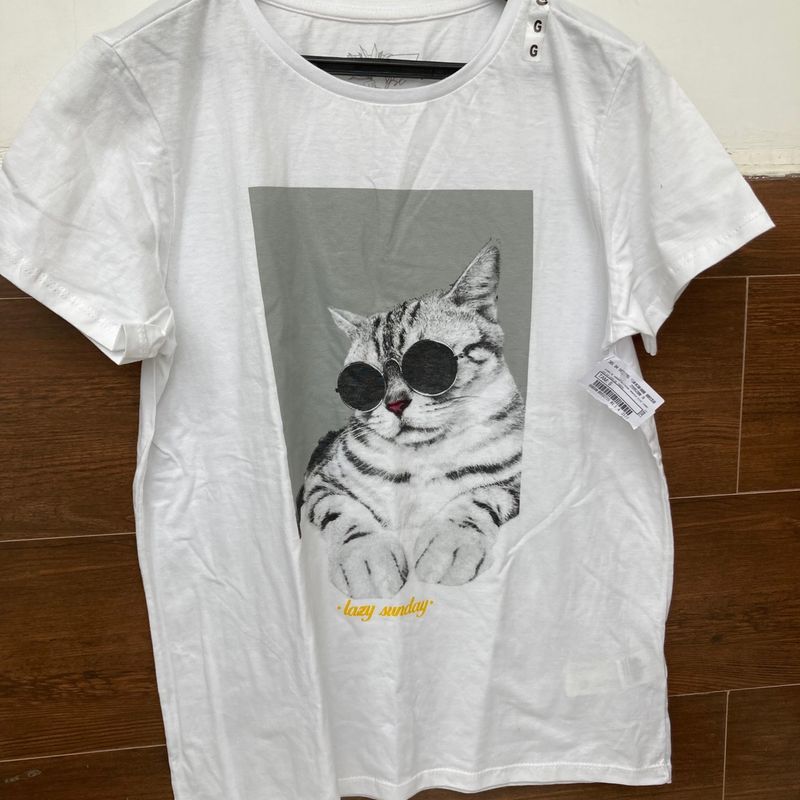 Camiseta Fem T-Shirt Algodão Branca Silk Gato Cool, Blusa Feminina C&A  Usado 96788156