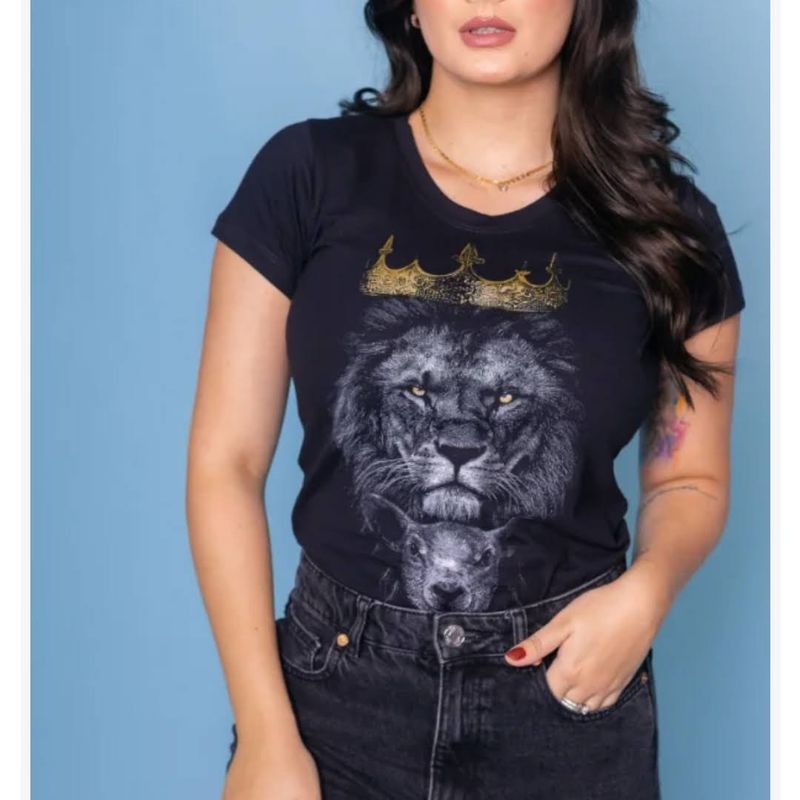 Camiseta Feminina T-Shirt Luxo Preta com Acessórios Estampa Leão