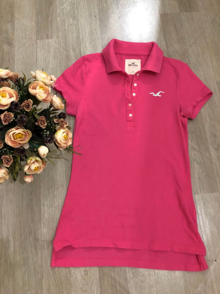 camisa gola polo rosa feminina