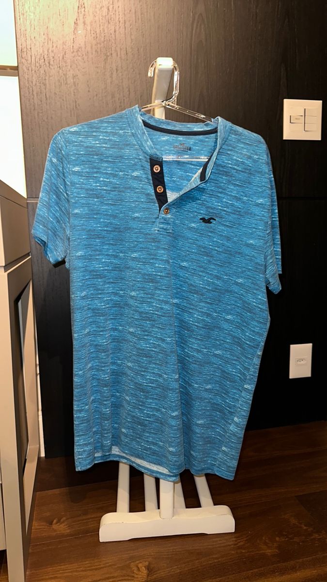 Camisa Henley Hollister Masculina Azul Marinho Listrada