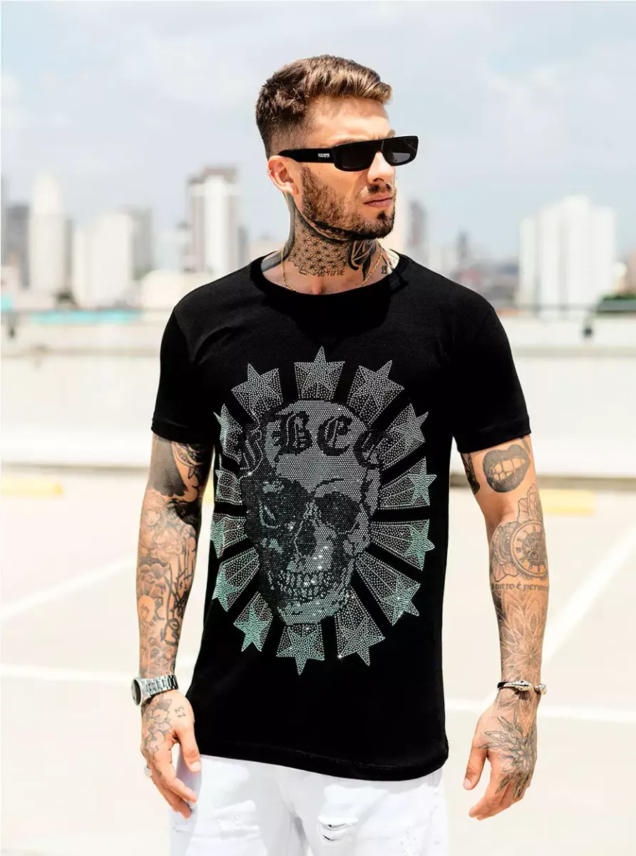 Camiseta Longline Masculina Preta Caveira e Cobra Pedraria - Imperium Store