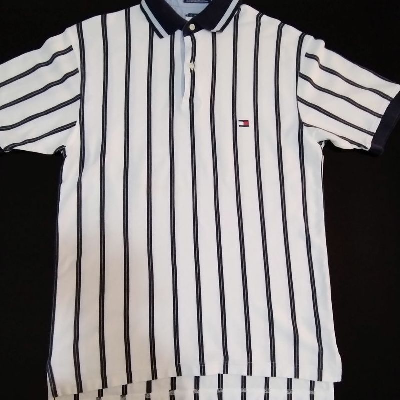 Camisa polo masculina listrada Tommy Hilfiger, Branco, Small