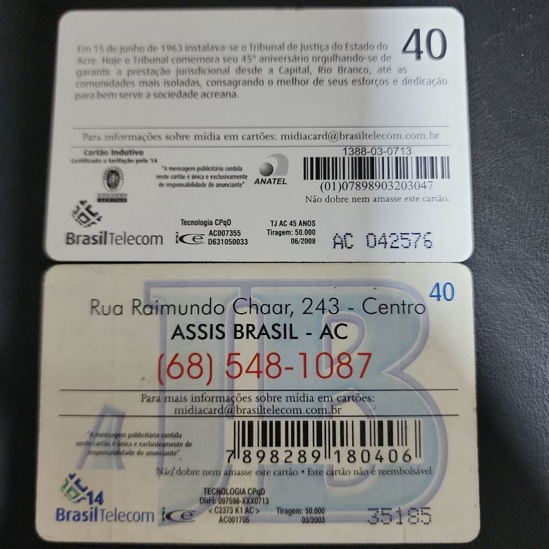Cartao Telefonico Teleacre Brasil Telecom 12 - Midia 3 Cartões