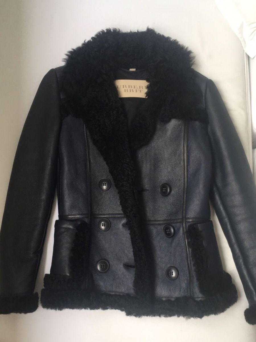 jaqueta de couro forrada com lã de carneiro feminina