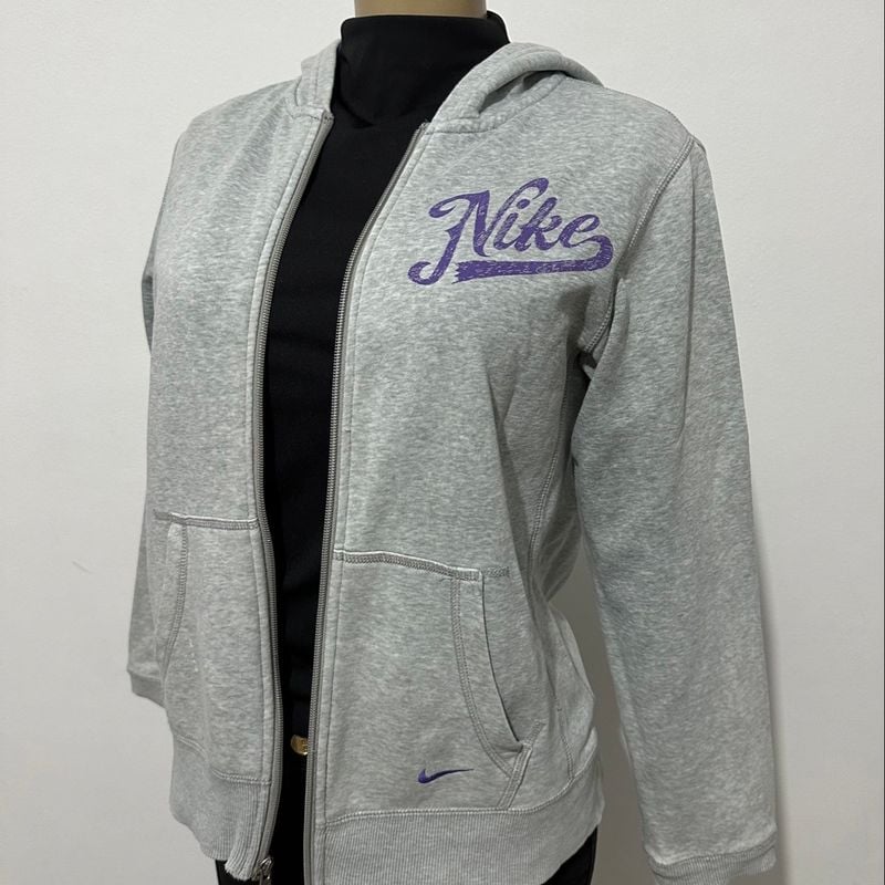 Casaco de Moletom Nike Cinza Mescla Logo Roxo Roxa Canguru com