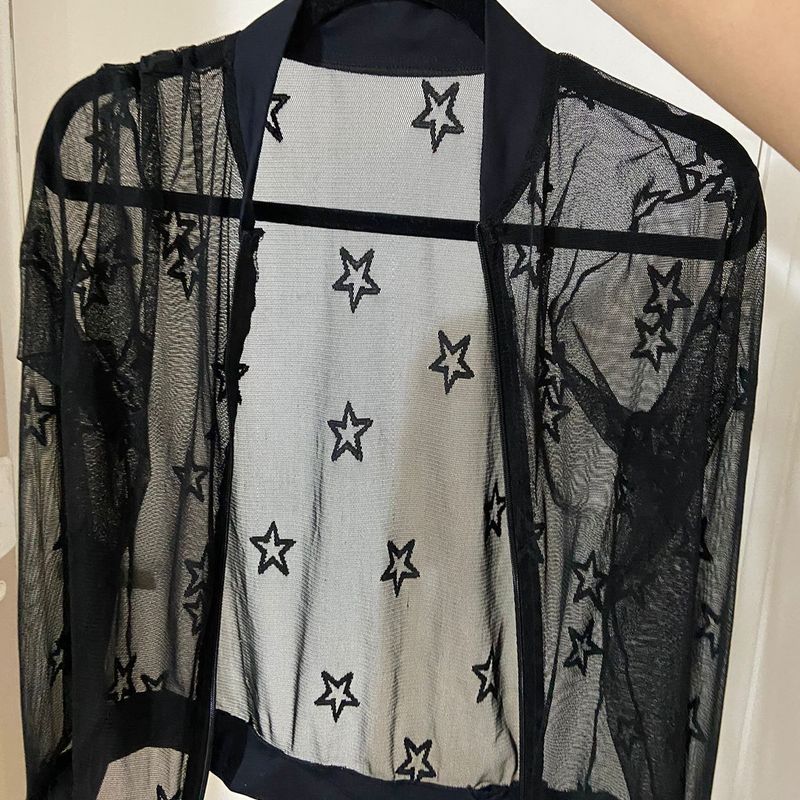 Casaco Jaqueta Preta Tela Transparente Estrela Tam Único Usado