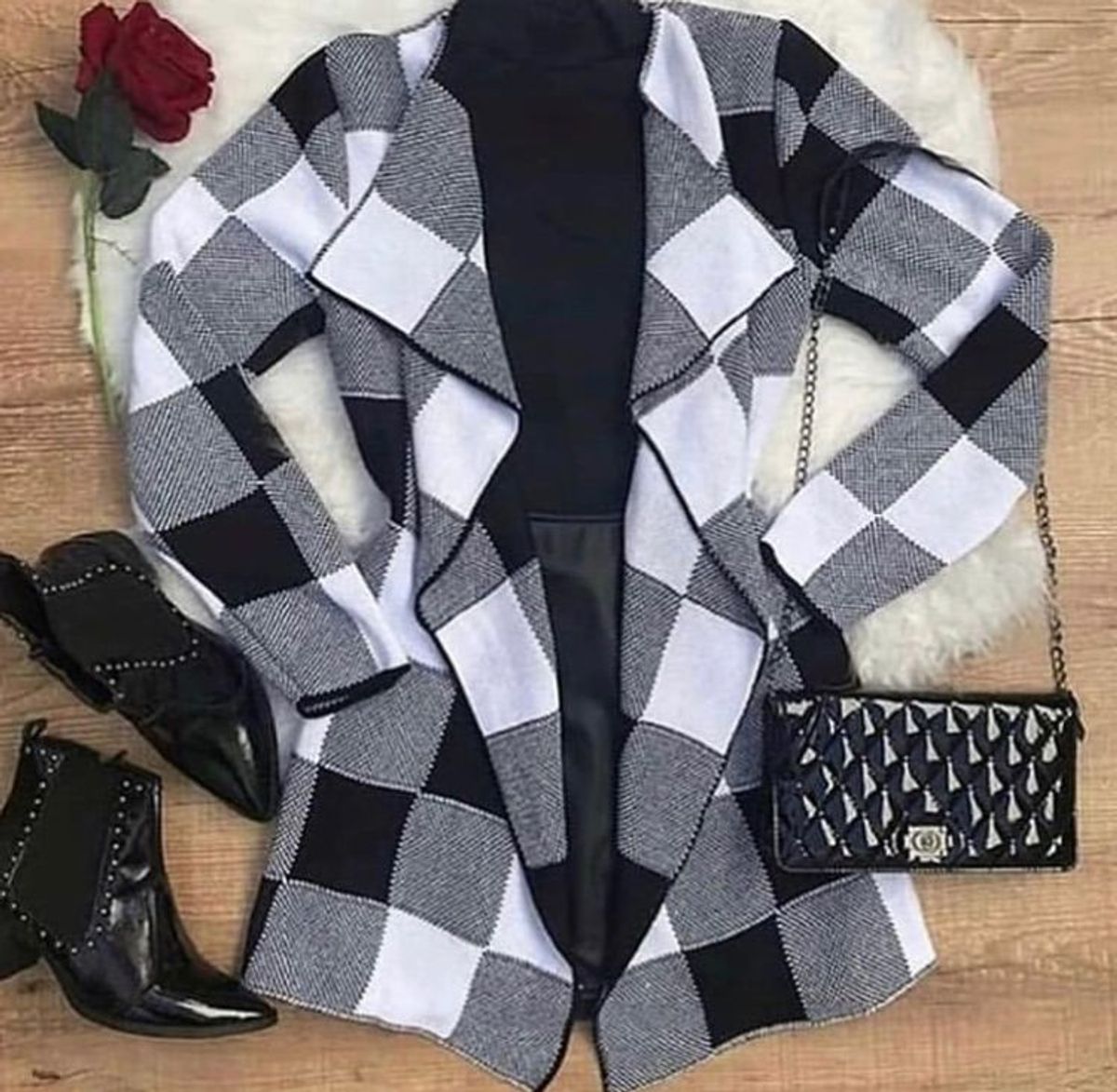 casaco xadrez feminino preto e branco