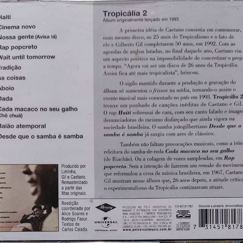 Cd Tropicália 2 Caetano e Gil Excelente Estado de Conservação