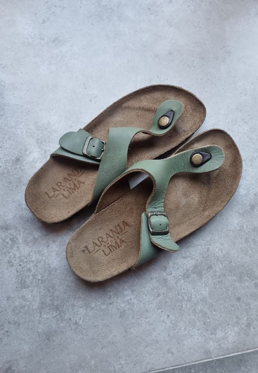 Chinelo Birken em Couro Legítimo Rasteira Feminina Laranja Lima Usado