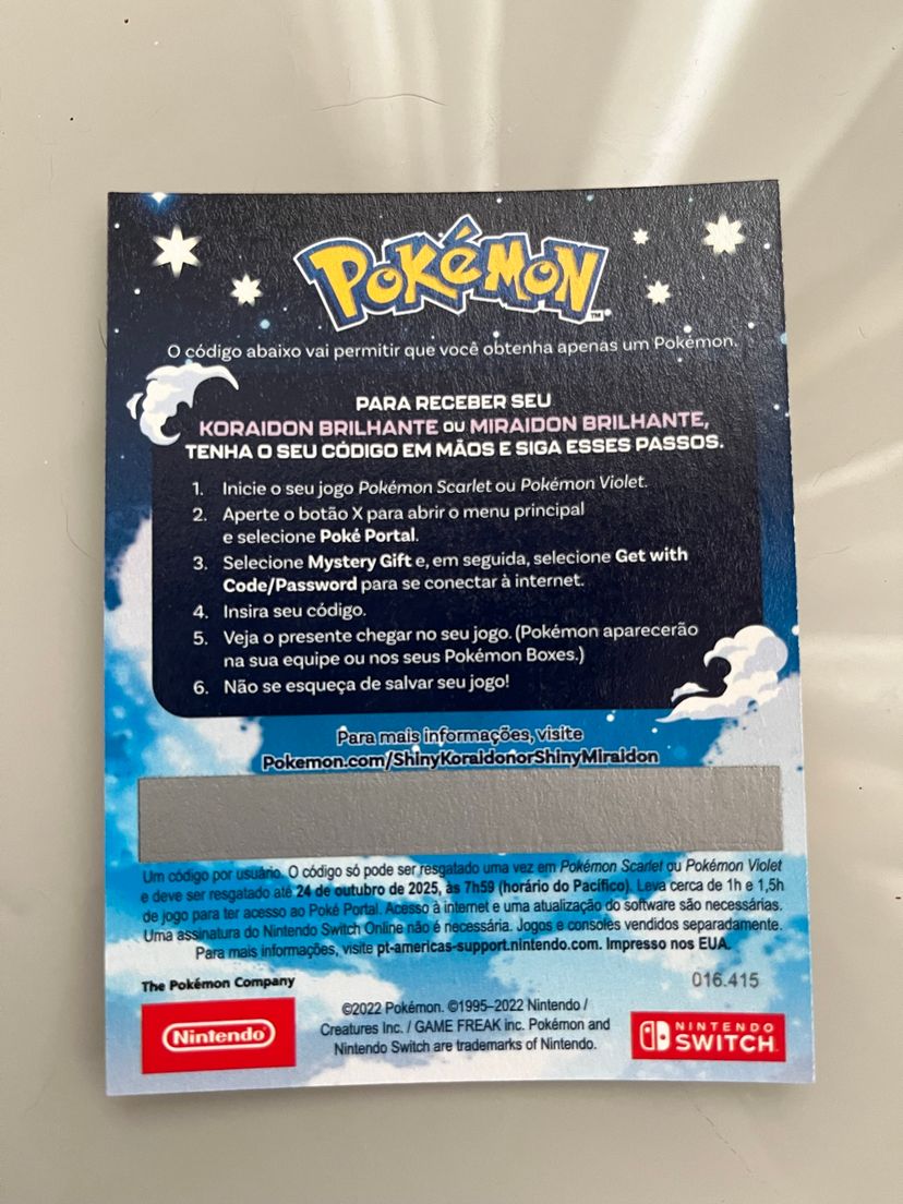 Código Pokémon Shiny Koraidon Ou Miraidon Oficial | Cacareco Nintendo ...