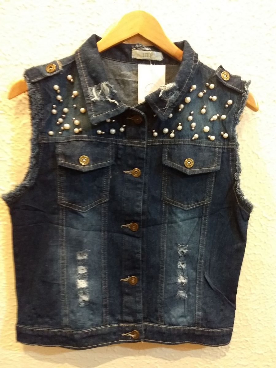 colete jeans com perola