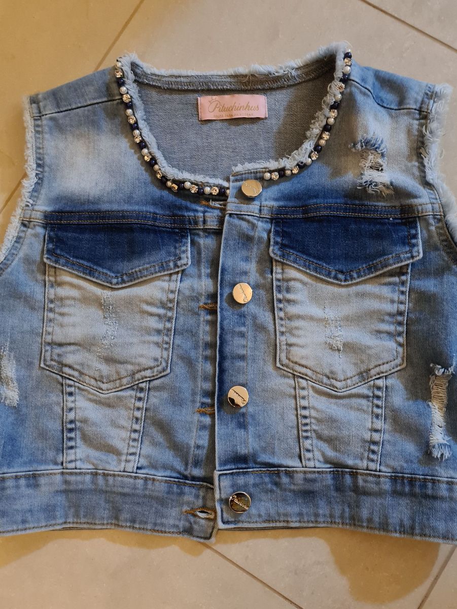 colete jeans com perola
