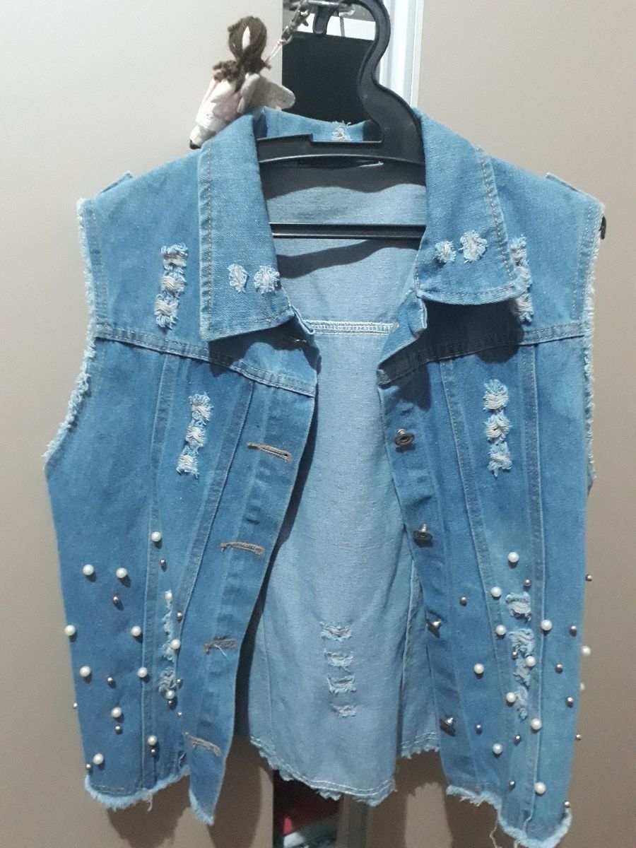 colete jeans com perola
