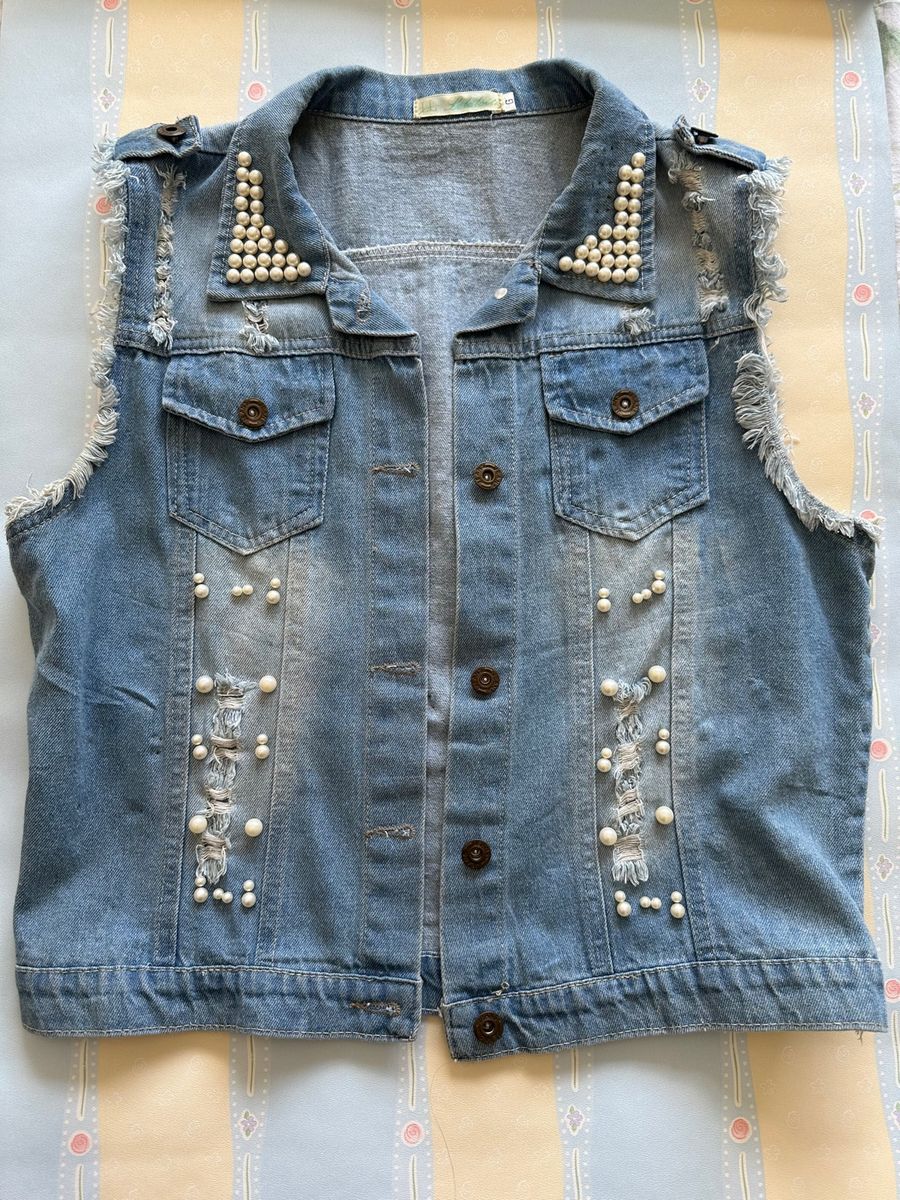 Customizar colete jeans com hot sale perola