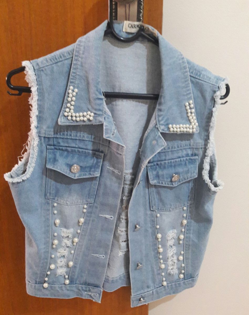 colete jeans com perola