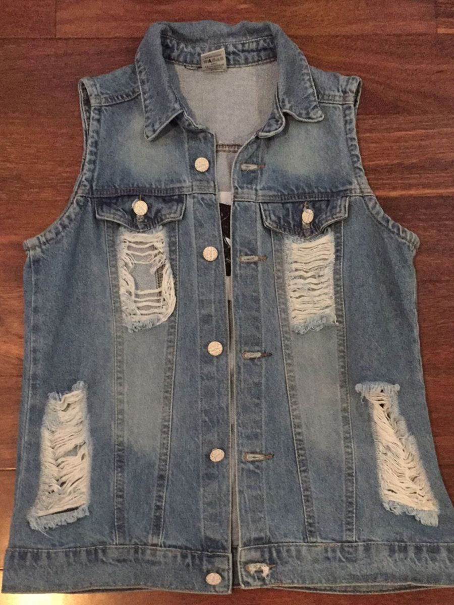 colete jeans comprido feminino