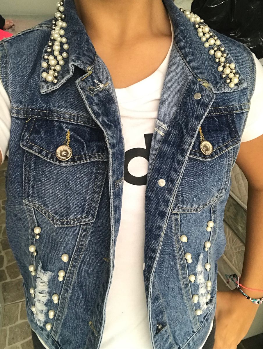 colete jeans com perola