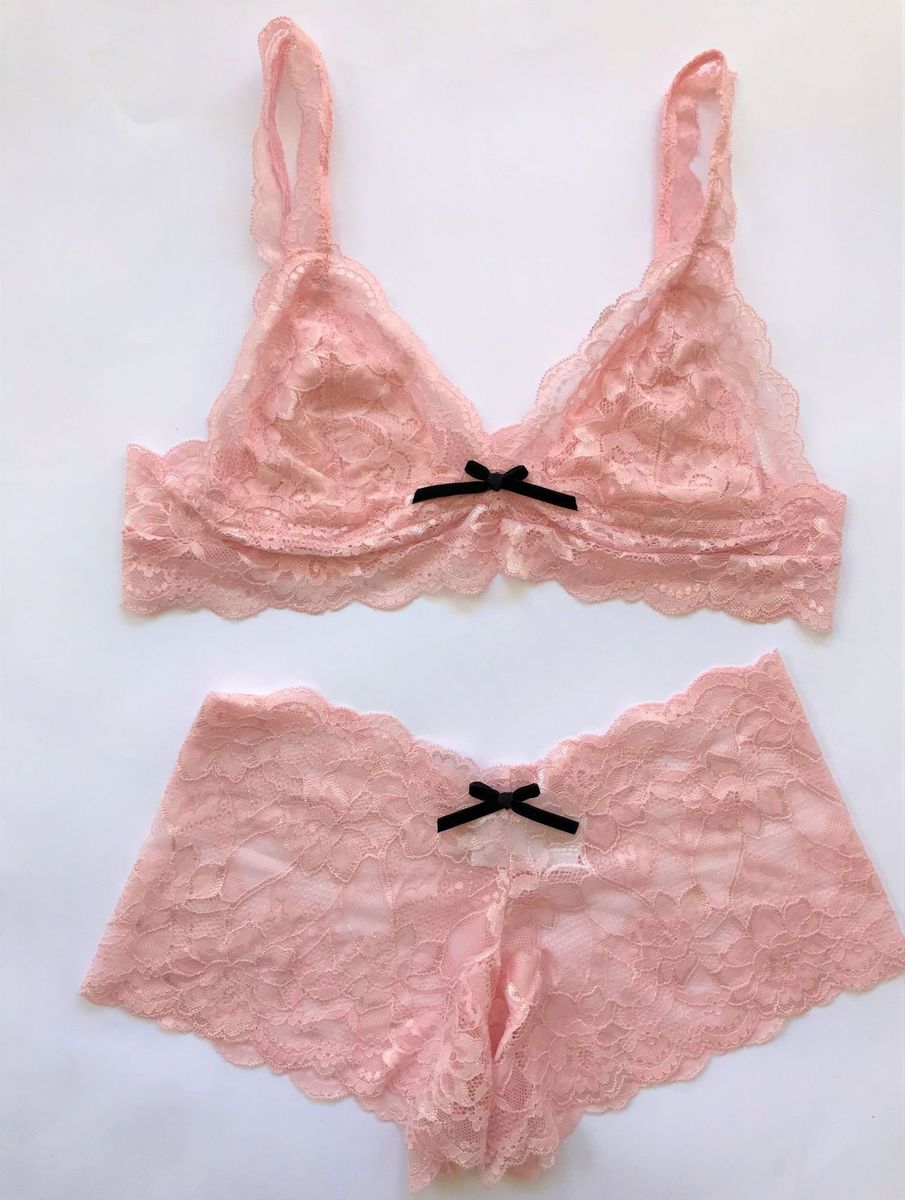 Conjunto Caleçon e Sutiã de Renda Rosê Lingerie Feminina Langé