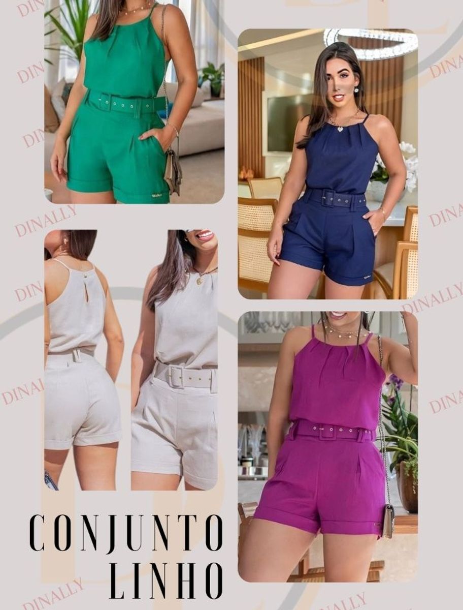 Conjunto Feminino Blusa Shorts + Cinto Linho