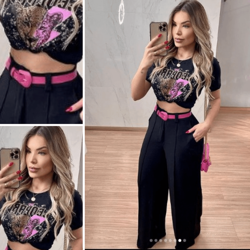 Conjunto Feminino Calça Pantalona + Cropped + Cinto Tendencia 2023 Moda  Verão Roupa Feminina Social | Calça Feminina Bella Top Moda Nunca Usado